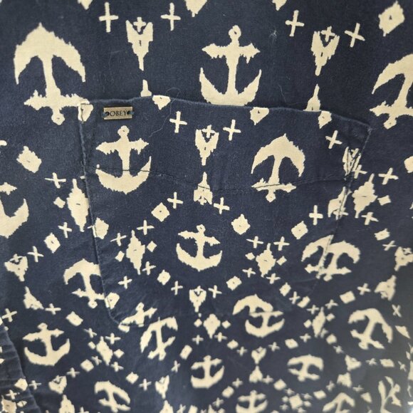 Obey Propaganda Navy Anchor 100% Cotton Short Sleeved Button Down Medium - Picture 5 of 12